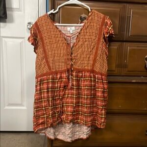 Women's Plaid Top - Red and Orange